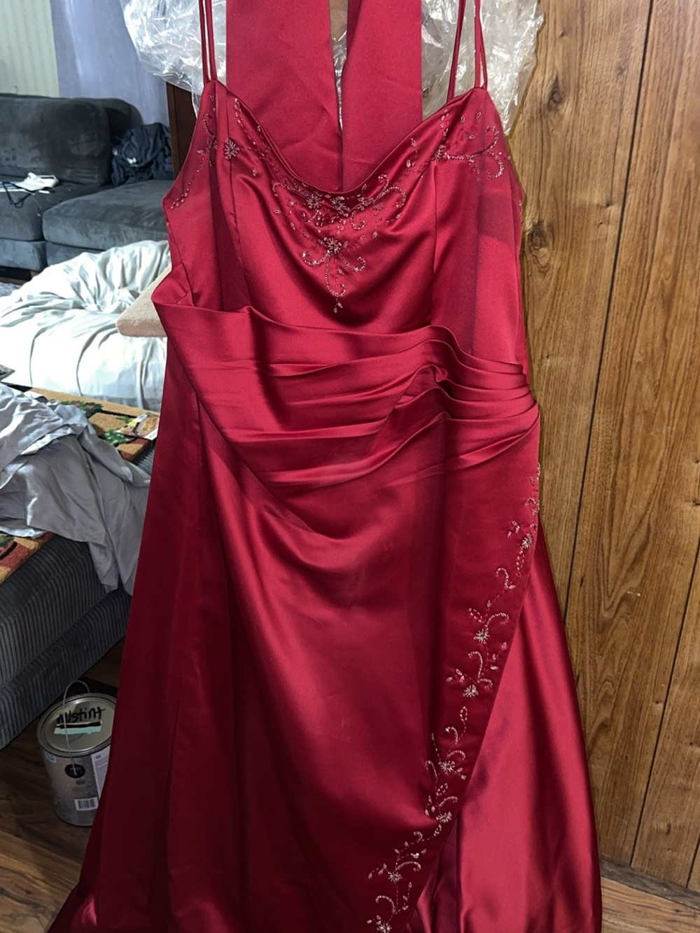 Alexia Designs Red Satin Prom Dress with Beaded Embroidery